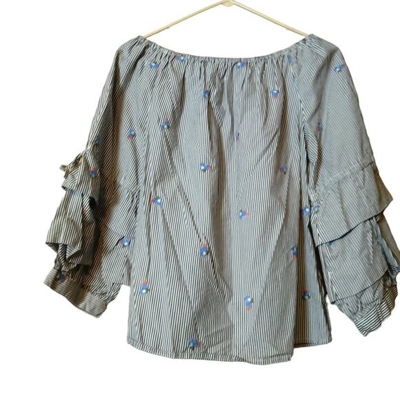 Sanctuary Women's Small Striped Embroidered Floral Tiered 3/4 Sleeve Blouse - Picture 4 of 4